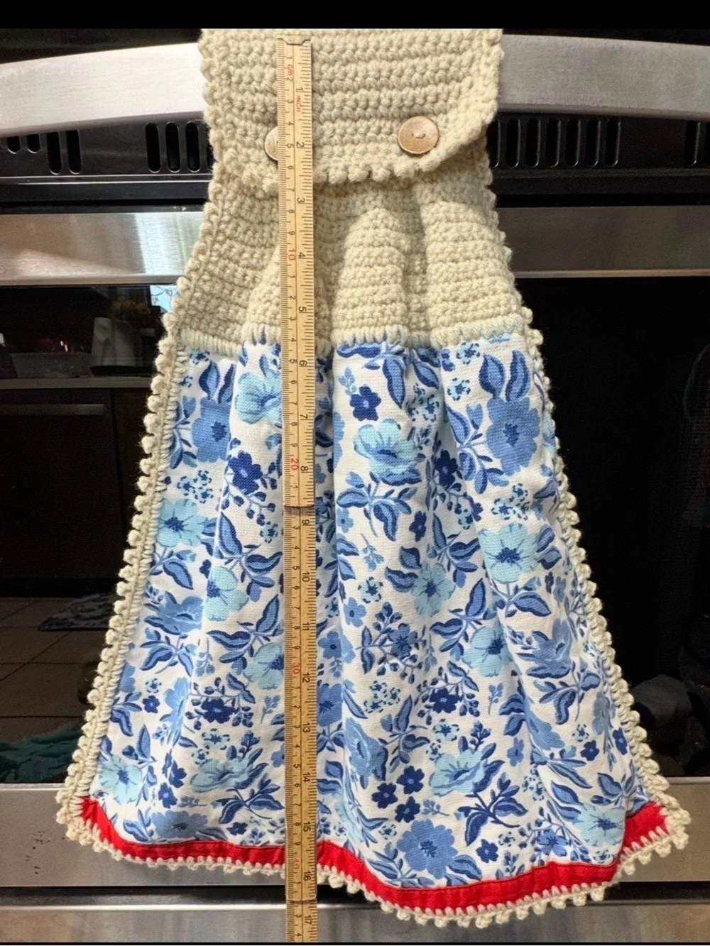 Pioneer Woman Handmade Crochet Hanging Kitchen Towel Blue Floral